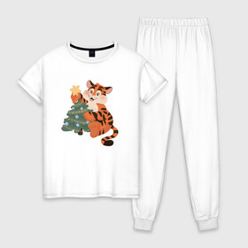 Женская пижама хлопок с принтом Символ года 2022. Тигренок  в Новосибирске, 100% хлопок | брюки и футболка прямого кроя, без карманов, на брюках мягкая резинка на поясе и по низу штанин | 2020 | для детей | новый год | символ года | тигр | тигренок