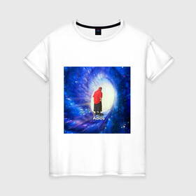 Женская футболка хлопок с принтом Adios в Новосибирске, 100% хлопок | прямой крой, круглый вырез горловины, длина до линии бедер, слегка спущенное плечо | adios | адидас | бабуля | бабушка | вселенная | космос | мемы | портал | прощание | черная дыра
