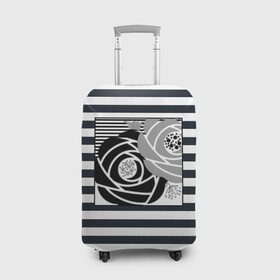 Чехол для чемодана 3D с принтом Аппликация розы на полосатом в Новосибирске, 86% полиэфир, 14% спандекс | двустороннее нанесение принта, прорези для ручек и колес | абстрактные розы | абстрактный узор | абстракция | белый | женский | серый | современный | черно  белый | черные розы