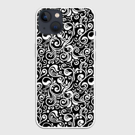 Чехол для iPhone 13 с принтом Черно белая роспись в Новосибирске,  |  | abstract | black and white | pattern | texture | абстрактный рисунок | абстракция | белый рисунок | белый узор | волнистый узор | завитки | круги | минимализм | монохром | орнамент | паттерн | роспись | текстура | узор