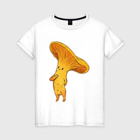 Женская футболка хлопок с принтом Лисичка в Новосибирске, 100% хлопок | прямой крой, круглый вырез горловины, длина до линии бедер, слегка спущенное плечо | арт | гриб | грибочек | грибы | лисичка | мило | милота | рисунок | рыжий гриб | свежие грибы | свежий гриб | свежий продукт