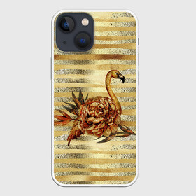 Чехол для iPhone 13 mini с принтом Золотой фламинго и цветок в Новосибирске,  |  | драгоценный | золотистый | золото | пион | полоски | птица | серебристый | серебро | фламинго | цветок | цветочный | цветы