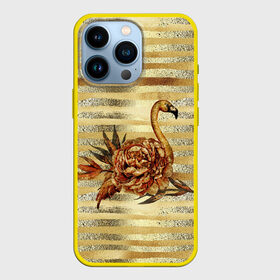 Чехол для iPhone 13 Pro с принтом Золотой фламинго и цветок в Новосибирске,  |  | драгоценный | золотистый | золото | пион | полоски | птица | серебристый | серебро | фламинго | цветок | цветочный | цветы