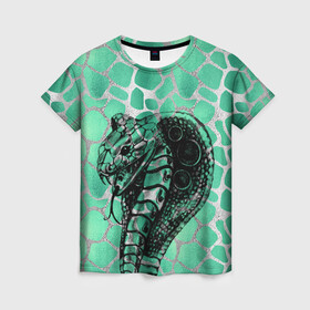 Женская футболка 3D с принтом Кобра. Змеиный стиль в Новосибирске, 100% полиэфир ( синтетическое хлопкоподобное полотно) | прямой крой, круглый вырез горловины, длина до линии бедер | змеи | змеиная | змеиная кожа | змеиный | змея | кобра | механическая | рисунок | робот | узор