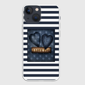 Чехол для iPhone 13 mini с принтом Я тебя люблю в Новосибирске,  |  | влюбленным | для любимого | любовь | полосатый узор | ретро | сердце | синий | темно синий