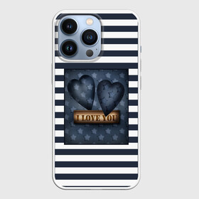 Чехол для iPhone 13 Pro с принтом Я тебя люблю в Новосибирске,  |  | влюбленным | для любимого | любовь | полосатый узор | ретро | сердце | синий | темно синий