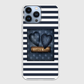 Чехол для iPhone 13 Pro Max с принтом Я тебя люблю в Новосибирске,  |  | влюбленным | для любимого | любовь | полосатый узор | ретро | сердце | синий | темно синий