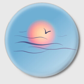 Значок с принтом Солнечный шар в Новосибирске,  металл | круглая форма, металлическая застежка в виде булавки | sea | sun | закат | море | небо | птицы | солнце | чайки