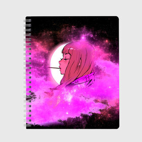 Тетрадь с принтом Аниме Девушка | Розовый Космос в Новосибирске, 100% бумага | 48 листов, плотность листов — 60 г/м2, плотность картонной обложки — 250 г/м2. Листы скреплены сбоку удобной пружинной спиралью. Уголки страниц и обложки скругленные. Цвет линий — светло-серый
 | Тематика изображения на принте: anime | cloud | girl | japan | moon sky | pink | senpai | space | аниме | анимэ | девочка | девушка | космос | краска | кровь | луна | мульт | самурай | символ | тян | япония