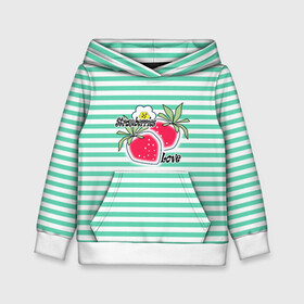 Детская толстовка 3D с принтом Цветы и ягоды земляники  в Новосибирске, 100% полиэстер | двухслойный капюшон со шнурком для регулировки, мягкие манжеты на рукавах и по низу толстовки, спереди карман-кенгуру с мягким внутренним слоем | детский | зеленый | земляника | красный | малышам | полосатый | современный | цветы | ягодный паттерн | ягоды