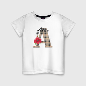Детская футболка хлопок с принтом Алфавит. Имена. Алиса  в Новосибирске, 100% хлопок | круглый вырез горловины, полуприлегающий силуэт, длина до линии бедер | Тематика изображения на принте: алфавит | буква а | детский | для девочки | женский | монограмма | цветок