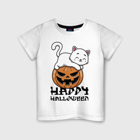 Детская футболка хлопок с принтом Kitten & Pumpkin в Новосибирске, 100% хлопок | круглый вырез горловины, полуприлегающий силуэт, длина до линии бедер | Тематика изображения на принте: cat | ears | eyes | halloween | holiday | jaw | kitten | moustache | nose | paws | pumpkin | smile | tail | teeth | глаза | зубы | кот | котёнок | кошка | лапы | нос | праздник | тыква | улыбка | усы | уши | хвост | хэллоуин