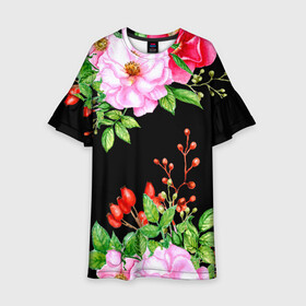 Детское платье 3D с принтом Цветущий шиповник на черном в Новосибирске, 100% полиэстер | прямой силуэт, чуть расширенный к низу. Круглая горловина, на рукавах — воланы | акварель | акварельный | вечерний | женственная | женственный | листья | плоды | цветочки | цветочный | цветы | черный | шиповник | ягоды
