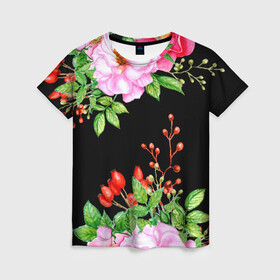 Женская футболка 3D с принтом Цветущий шиповник на черном в Новосибирске, 100% полиэфир ( синтетическое хлопкоподобное полотно) | прямой крой, круглый вырез горловины, длина до линии бедер | акварель | акварельный | вечерний | женственная | женственный | листья | плоды | цветочки | цветочный | цветы | черный | шиповник | ягоды