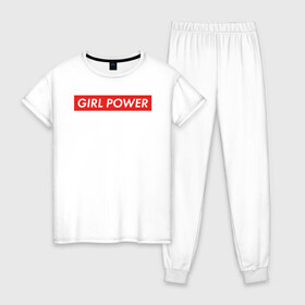 Женская пижама хлопок с принтом GIRL POWER в Новосибирске, 100% хлопок | брюки и футболка прямого кроя, без карманов, на брюках мягкая резинка на поясе и по низу штанин | girl power | grl pwr | suprime | девушка | девушки | женская сила | женщина | матриархат | рулят | свобода | сила | суприм | феминизм