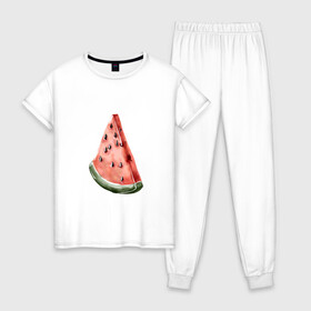 Женская пижама хлопок с принтом Долька арбуза  в Новосибирске, 100% хлопок | брюки и футболка прямого кроя, без карманов, на брюках мягкая резинка на поясе и по низу штанин | black | green | object | read | арт | еда | иллюстрация | принт | ягода