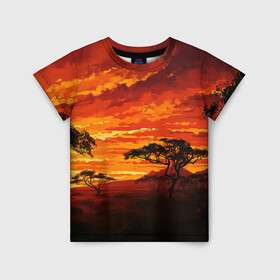 Детская футболка 3D с принтом АФРИКАНСКАЯ САВАННА в Новосибирске, 100% гипоаллергенный полиэфир | прямой крой, круглый вырез горловины, длина до линии бедер, чуть спущенное плечо, ткань немного тянется | африка | деревья | живопись | закат | засуха | искуство | облака | пейзаж | пустыня | рисунок | саванна
