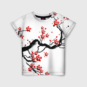 Детская футболка 3D с принтом САКУРА ЦВЕТЁТ И БЛАГАУХАЕТ в Новосибирске, 100% гипоаллергенный полиэфир | прямой крой, круглый вырез горловины, длина до линии бедер, чуть спущенное плечо, ткань немного тянется | ветвь | дерево | сакура | цветы | япония