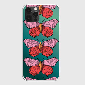 Чехол для iPhone 12 Pro с принтом Зеленый принт с бабочками :) в Новосибирске, силикон | область печати: задняя сторона чехла, без боковых панелей | Тематика изображения на принте: бабочки | градиент | графический | грустный | зеленый | меланхолия | насекомые | ретро | розовый | странный