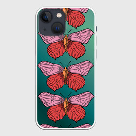 Чехол для iPhone 13 mini с принтом Зеленый принт с бабочками :) в Новосибирске,  |  | Тематика изображения на принте: бабочки | градиент | графический | грустный | зеленый | меланхолия | насекомые | ретро | розовый | странный