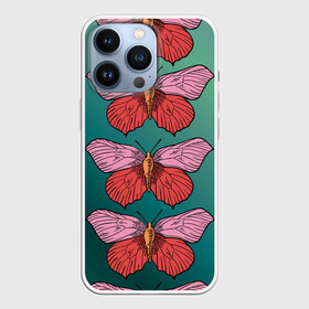 Чехол для iPhone 13 Pro с принтом Зеленый принт с бабочками :) в Новосибирске,  |  | бабочки | градиент | графический | грустный | зеленый | меланхолия | насекомые | ретро | розовый | странный