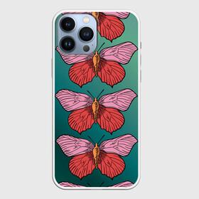Чехол для iPhone 13 Pro Max с принтом Зеленый принт с бабочками :) в Новосибирске,  |  | бабочки | градиент | графический | грустный | зеленый | меланхолия | насекомые | ретро | розовый | странный