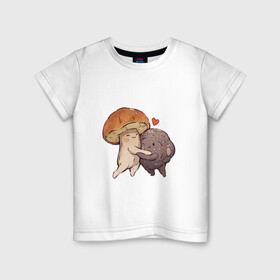 Детская футболка хлопок с принтом Боровик и шампиньон в Новосибирске, 100% хлопок | круглый вырез горловины, полуприлегающий силуэт, длина до линии бедер | Тематика изображения на принте: арт | белый | белый грипп | боровик | гриб | грибочек | грибы | мило | милота | рисунок | свежие грибы | свежий гриб | свежий продукт | шампиньон