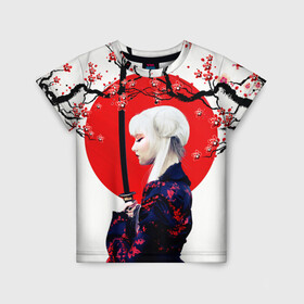 Детская футболка 3D с принтом НАД ВЕТВЯМИ САКУРЫ в Новосибирске, 100% гипоаллергенный полиэфир | прямой крой, круглый вырез горловины, длина до линии бедер, чуть спущенное плечо, ткань немного тянется | Тематика изображения на принте: ветви | девушка | катана | кунаичи | сакура | самурай | солнце | флаг | япония