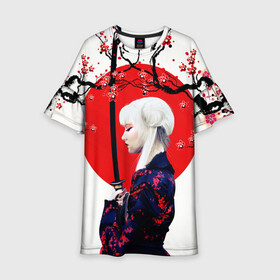 Детское платье 3D с принтом НАД ВЕТВЯМИ САКУРЫ в Новосибирске, 100% полиэстер | прямой силуэт, чуть расширенный к низу. Круглая горловина, на рукавах — воланы | ветви | девушка | катана | кунаичи | сакура | самурай | солнце | флаг | япония