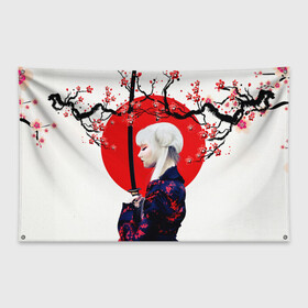 Флаг-баннер с принтом НАД ВЕТВЯМИ САКУРЫ в Новосибирске, 100% полиэстер | размер 67 х 109 см, плотность ткани — 95 г/м2; по краям флага есть четыре люверса для крепления | ветви | девушка | катана | кунаичи | сакура | самурай | солнце | флаг | япония