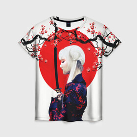 Женская футболка 3D с принтом НАД ВЕТВЯМИ САКУРЫ в Новосибирске, 100% полиэфир ( синтетическое хлопкоподобное полотно) | прямой крой, круглый вырез горловины, длина до линии бедер | ветви | девушка | катана | кунаичи | сакура | самурай | солнце | флаг | япония