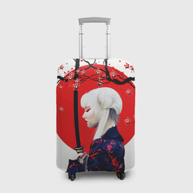 Чехол для чемодана 3D с принтом НАД ВЕТВЯМИ САКУРЫ в Новосибирске, 86% полиэфир, 14% спандекс | двустороннее нанесение принта, прорези для ручек и колес | ветви | девушка | катана | кунаичи | сакура | самурай | солнце | флаг | япония