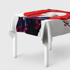 Скатерть 3D с принтом НАД ВЕТВЯМИ САКУРЫ в Новосибирске, 100% полиэстер (ткань не мнется и не растягивается) | Размер: 150*150 см | ветви | девушка | катана | кунаичи | сакура | самурай | солнце | флаг | япония