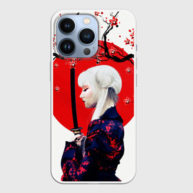 Чехол для iPhone 13 Pro с принтом НАД ВЕТВЯМИ САКУРЫ в Новосибирске,  |  | ветви | девушка | катана | кунаичи | сакура | самурай | солнце | флаг | япония
