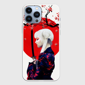 Чехол для iPhone 13 Pro Max с принтом НАД ВЕТВЯМИ САКУРЫ в Новосибирске,  |  | ветви | девушка | катана | кунаичи | сакура | самурай | солнце | флаг | япония
