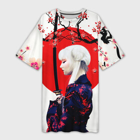 Платье-футболка 3D с принтом НАД ВЕТВЯМИ САКУРЫ в Новосибирске,  |  | ветви | девушка | катана | кунаичи | сакура | самурай | солнце | флаг | япония