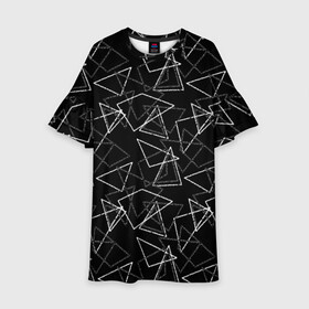 Детское платье 3D с принтом Черно-белый геометрический  в Новосибирске, 100% полиэстер | прямой силуэт, чуть расширенный к низу. Круглая горловина, на рукавах — воланы | Тематика изображения на принте: абстрактный | геометрические фигуры | монохромный | мужской | треугольники | черный и белый | черный фон