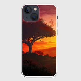 Чехол для iPhone 13 mini с принтом СОЛНЦЕ НАД АФРИКОЙ в Новосибирске,  |  | африка | дерево | живопись | облака | пейзаж | рассвет | рисунок | саванна