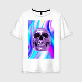 Женская футболка хлопок Oversize с принтом Skull abstraction в Новосибирске, 100% хлопок | свободный крой, круглый ворот, спущенный рукав, длина до линии бедер
 | абстракция | блестки | блестящий фон | металлический цвет | скулы | стильный принт | череп | яркий принт