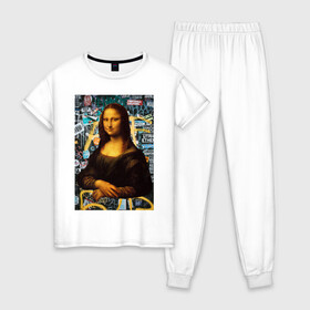 Женская пижама хлопок с принтом Jaconda в Новосибирске, 100% хлопок | брюки и футболка прямого кроя, без карманов, на брюках мягкая резинка на поясе и по низу штанин | граффити | девушка | джаконда | женщина | известная картина | картина | классика | мона лиза | раритет | уличный стиль