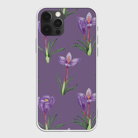 Чехол для iPhone 12 Pro с принтом Цветы шафрана на фиолетовом в Новосибирске, силикон | область печати: задняя сторона чехла, без боковых панелей | 8 марта | flowers | march 8 | spring | ботаническая иллюстрация | весна | день рождения | зеленый | лето | любовь | праздник | принт | природа | растения | фиолетовый | цветы | шафран
