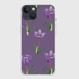 Чехол для iPhone 13 с принтом Цветы шафрана на фиолетовом в Новосибирске,  |  | 8 марта | flowers | march 8 | spring | ботаническая иллюстрация | весна | день рождения | зеленый | лето | любовь | праздник | принт | природа | растения | фиолетовый | цветы | шафран