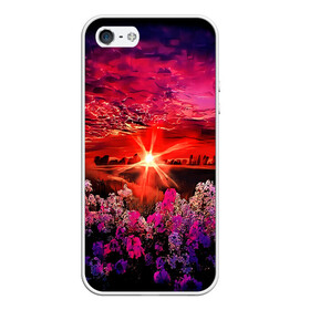Чехол для iPhone 5/5S матовый с принтом МАЛИНОВЫЙ ЗАКАТ в Новосибирске, Силикон | Область печати: задняя сторона чехла, без боковых панелей | деревья | лес | луг | лучи | небо | облака | пейзаж | поле | природа | рисунок | солнце | цветы
