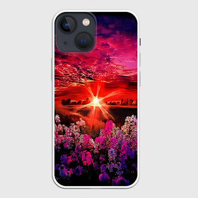 Чехол для iPhone 13 mini с принтом МАЛИНОВЫЙ ЗАКАТ в Новосибирске,  |  | деревья | лес | луг | лучи | небо | облака | пейзаж | поле | природа | рисунок | солнце | цветы