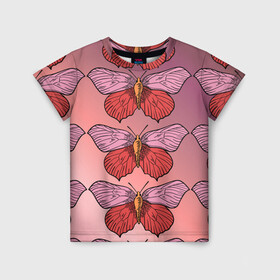 Детская футболка 3D с принтом Розовый принт с бабочками  в Новосибирске, 100% гипоаллергенный полиэфир | прямой крой, круглый вырез горловины, длина до линии бедер, чуть спущенное плечо, ткань немного тянется | бабочки | градиент | грустый | меланхолия | мотылек | насекомые | розовый | цветочки