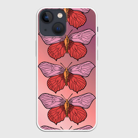 Чехол для iPhone 13 mini с принтом Розовый принт с бабочками в Новосибирске,  |  | бабочки | градиент | грустый | меланхолия | мотылек | насекомые | розовый | цветочки