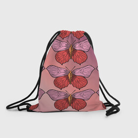Рюкзак-мешок 3D с принтом Розовый принт с бабочками  в Новосибирске, 100% полиэстер | плотность ткани — 200 г/м2, размер — 35 х 45 см; лямки — толстые шнурки, застежка на шнуровке, без карманов и подкладки | бабочки | градиент | грустый | меланхолия | мотылек | насекомые | розовый | цветочки