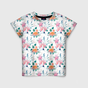 Детская футболка 3D с принтом Журавли и хризантемы в Новосибирске, 100% гипоаллергенный полиэфир | прямой крой, круглый вырез горловины, длина до линии бедер, чуть спущенное плечо, ткань немного тянется | журавли | паттерн | хризантемы | цапля | цветы