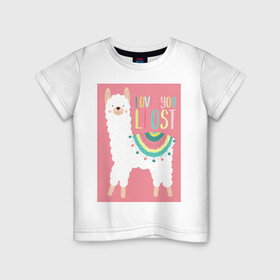 Детская футболка хлопок с принтом Милашка лама в Новосибирске, 100% хлопок | круглый вырез горловины, полуприлегающий силуэт, длина до линии бедер | Тематика изображения на принте: kawaii | pink | домашние животные | звери | лама | мило | надпись | пончо | радуга | розовый | румяна | ферма | фермерские животные