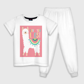 Детская пижама хлопок с принтом Милашка лама в Новосибирске, 100% хлопок |  брюки и футболка прямого кроя, без карманов, на брюках мягкая резинка на поясе и по низу штанин
 | kawaii | pink | домашние животные | звери | лама | мило | надпись | пончо | радуга | розовый | румяна | ферма | фермерские животные